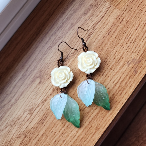 Elegant Cream Rose and Green Leaf Earrings - Picture 7 of 7